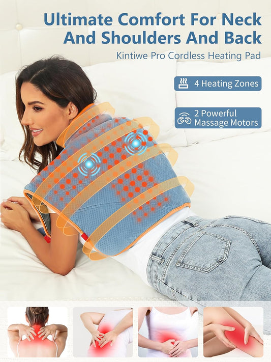 Heating Pad for Neck and Shoulders and Back with Battery,12V Heated Pad with Vibration Massager and 3 Heating Modes,Portable Weighted Electric Heat Pad,16.5'' x 23.2''