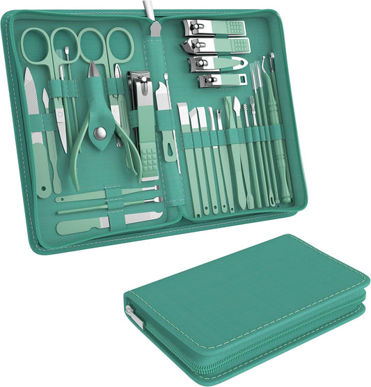 Manicure Set Personal Care, Nail Clipper Kit, Professional Nail Clipper Pedicure Set, Nail Tools with Luxurious Travel Case, Gifts for Men Women Family Friend, 31 Pieces (Green)