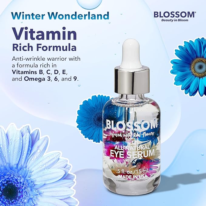 Blossom All Natural Organic Cruelty Free Moisturizing Eye Serum with Essential Oils, Infused with Real Flowers, Made in USA, 0.5 fl. oz./15ml, Winter Wonderland