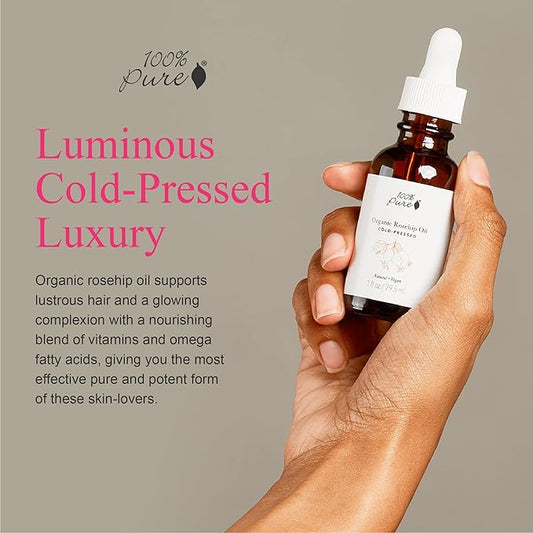 100% PURE Organic Rosehip Oil Moisturizer For Face, Body, Hair Hydrating Vitamins & Omega Fatty Acids Support Glowing, Plumped Up Youthful Skin - Natural Cold-Pressed Facial Radiance - Vegan - 1oz