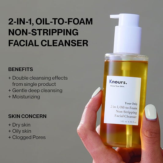 Knours. 2-in-1 Oil-to-Foam Non-Stripping Facial Cleanser, Honey & Plant Based Oils Makeup Remover Non Drying Clean Beauty (145ml 4.97 fl. oz.)