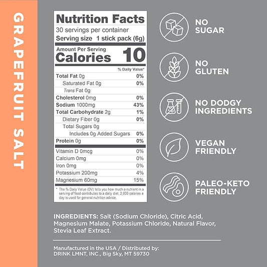 LMNT Zero Sugar Electrolytes - Grapefruit Salt | Drink Mix | 30 Count