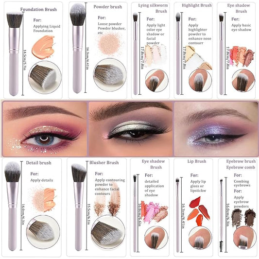 10 Piece Purple Makeup Brushes - Wooden Handle with Soft Synthetic Bristles,for Face & Eye Makeup|Professional Makeup Brushes set for Women & Girls|