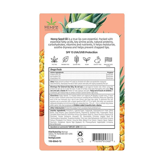 Hempz SPF 15 Lip Balm, Sweet Pineapple & Honey Melon Herbal Soothing Lip Care, for Men or Women .44 oz.