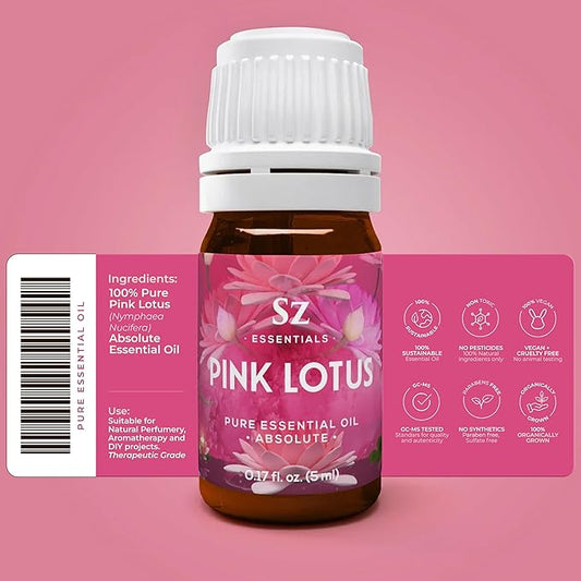 Pink Lotus 100% Pure, Essential Natural Oil - Extracted from Nymphaea Nucifera - Divine & Sweet Scent, with Exotic Floral Overtones - Therapeutic Grade & Vegan - 0.17oz (5ml)