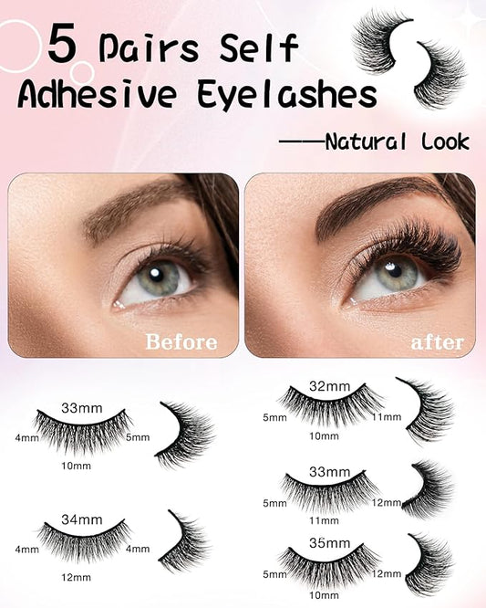 Self Adhesive Eyelashes Natural Look False Eyelashes Reusable Self Stick Lashes, No Glue Needed, 5 Pairs Mixed