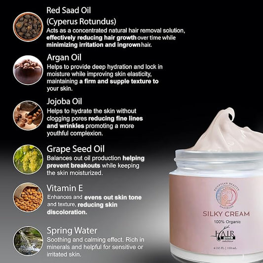 Silky Cream by Hadirose | Pure Red Saad Oil (Egyptian Cyperus Rotundus) | Organic Hair Removal Maintenance Cream | Prevent Ingrown Hair | Scented (Rose, Jasmine & Lavender) | Made in the USA.