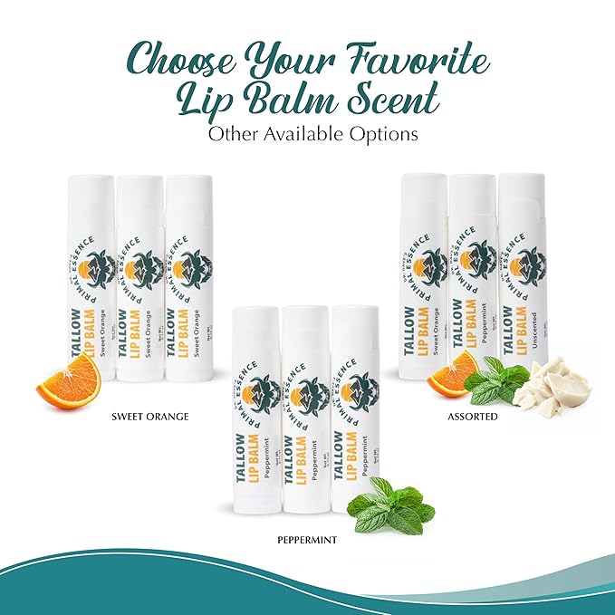 Moisturizing Tallow Lip Balm – Grass-Fed Beef Tallow with Organic Coconut Oil, Beeswax, and Vitamin E – Unscented Lip Balm Set – Travel Essential - 3-Pack