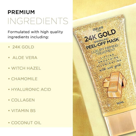 AZURE 24K Gold Firming Peel Off Face Mask - Anti Aging, Lifting, Illuminating & Revitalizing - Removes Blackheads, Dirt & Oil with Hyaluronic Acid & Collagen - Korean Skin Care - 150 mL - Pack of 2