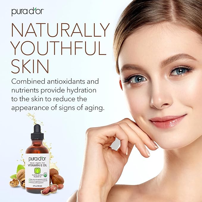 PURA D'OR 4 Oz ORGANIC Vitamin E Oil Blend - 100% Natural Hexane Free, Sweet Almond, Apricot, Jojoba, Argan, Rosehip, Sunflower & Avocado Bath Oil For Scars, Skin, Face & Full Body