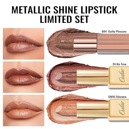 Oulac Metallic Brown Lipstick Set 3PCS, Comfortable Creamy Texture, Smooth No Grainy Feeling, Vegan & Gluten Free, Full-Coverage Lip Makeup, 3 X 4.3 g, 604+24+GM10