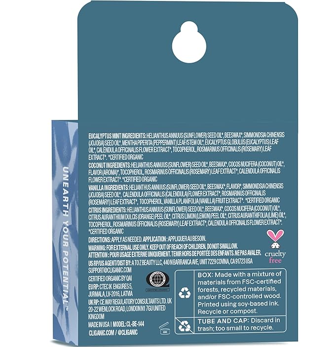 Cliganic Organic Lip Balm Set - 4 Flavors - Natural Hydrating for Cracked & Dry Lips