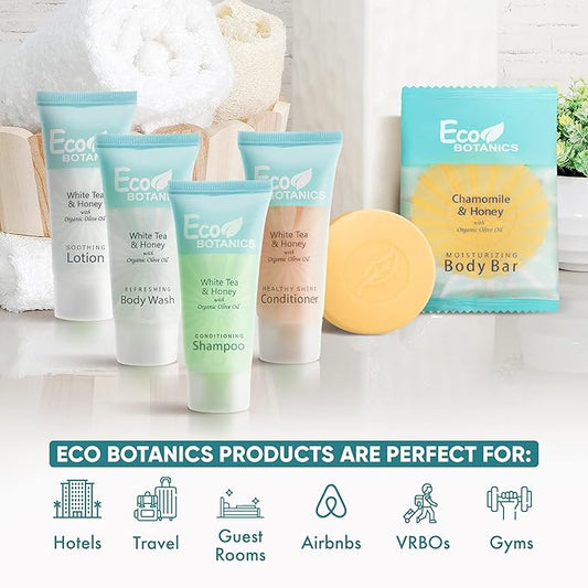 Eco Botanics Hotel Soaps & Toiletries Bulk Set | 0.85oz Hotel Shampoo & Conditioner, Body Wash, Body Lotion & Bar Soap Travel Size | 300 Pieces
