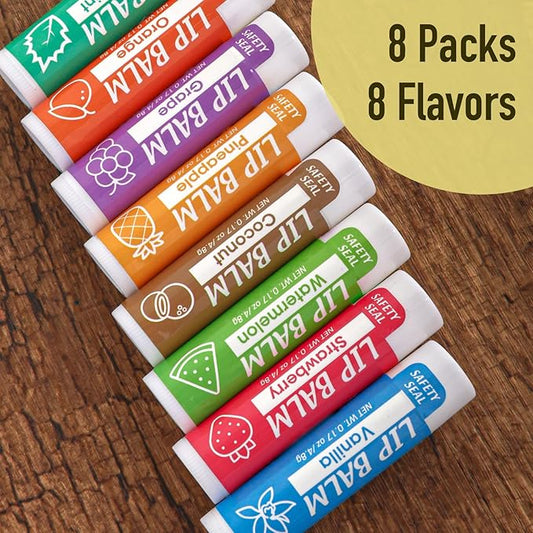 Lip Balm, 8 Pack Natural Bulk with Vitamin E & Coconut Oil, Moisturizing Dry Cracked Lips Protection, 8 Flavors - Stocking Stuffers