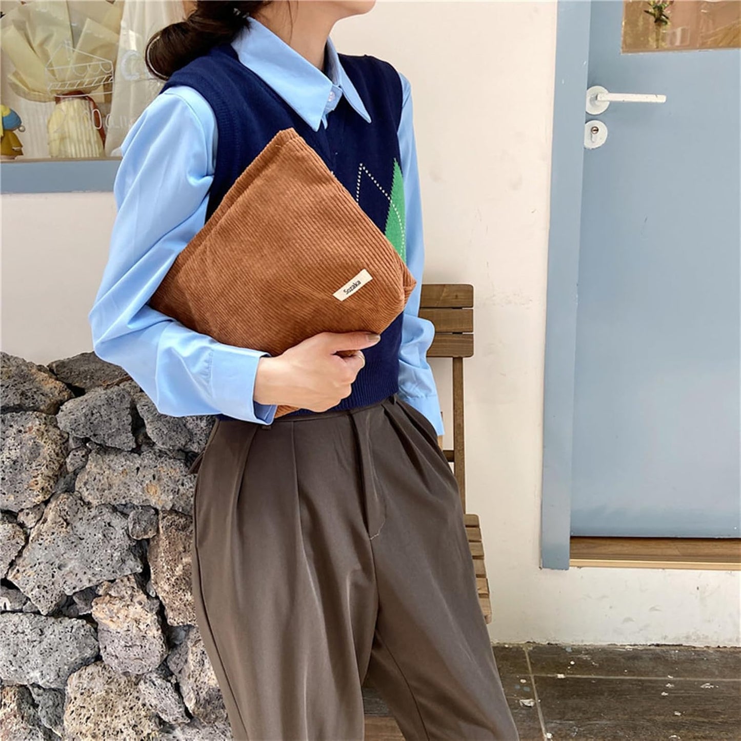 Cosmetic Bags for Women - Corduroy Cosmetic Bag Aesthetic Women Handbags Purses Smile Dots Makeup Organizer Storage Makeup Bag Girls Case Bags (Pure Black)