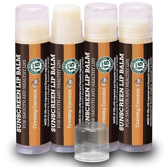 SPF Lip Balm 4-Pack by Earth's Daughter - Lip Sunscreen, SPF 15, Organic Ingredients, Coconut Flavor, Beeswax, Coconut Oil, Vitamin E - Hypoallergenic, Paraben Free, Gluten Free, New