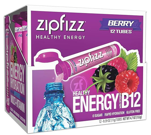 Zipfizz Daily Energy Drink Powder, Berry, 12 Pack | 3-in-1 Sustained Energy, Rapid Hydration, and Essential Vitamins | Sugar-Free | Electrolyte Powder | Contains Vitamin B-12 & Antioxidants