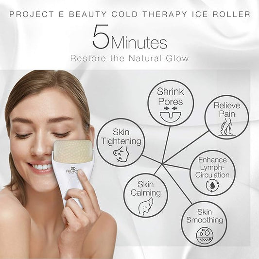 Ice Roller Cold Therapy by Project E Beauty | Reduce Under Eye Puffiness & Dark Circles | Tightens & Firms Skin | Diminish Wrinkles | Pain Relief | Muscle Soreness | Redness (Face & Body Roller)