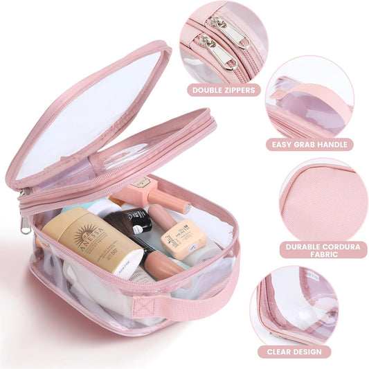 TSA approved small toiletry bag - clear travel pouch carry on case organizer reusable see-through pvc plastic small (pink