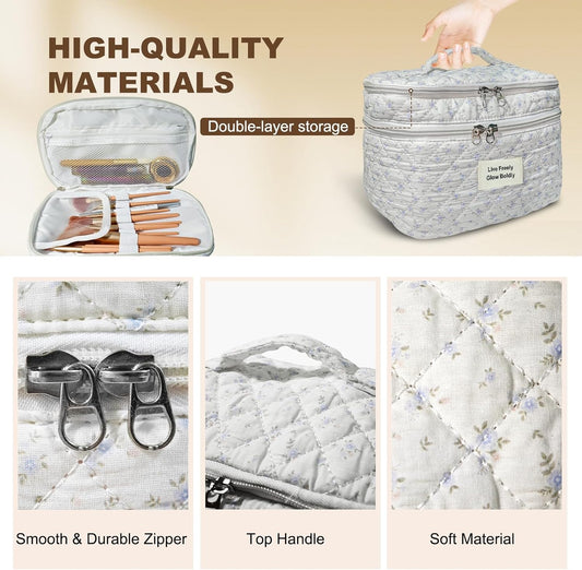3Pcs Large Travel Quilted Makeup Bag, Double Layer Cute Floral Cotton Toiletry Bag, Aesthetic Flower Cosmetic Bag Coquette Skincare Organizer Bag for Women (77-BlueFloral)