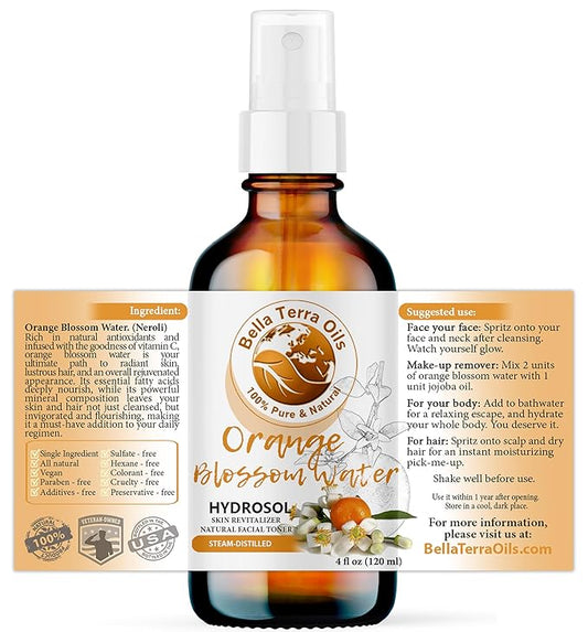 Bella Terra Oils - Organic Neroli Water 4oz - Naturally Distilled Orange Blossom Mist for a Refreshing Glow