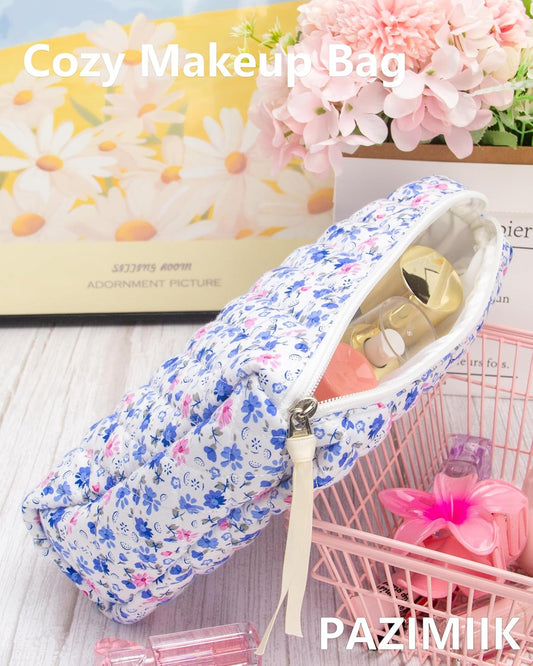 PAZIMIIK Quilted Makeup Bag Large Travel Zipper Soft Cosmetic Pouch for Women Girls Make Up,Floral Blue