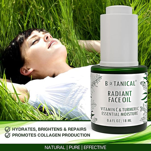 Botanical Radiant Face Oil | Skin Brightening Turmeric & Vitamin C Serum w/Gua Sha Lift Scraper | Organic, Pure, Natural Skincare (0.6 fl oz | 18 ml)