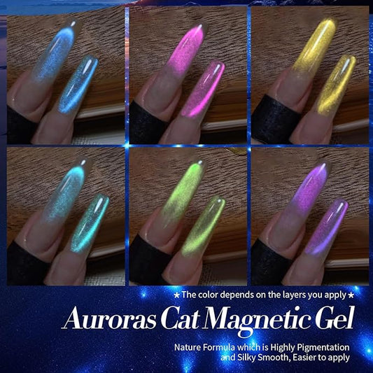 Born Pretty Cat Magnetic Eye Gel Nail Polish Aurora Mermaid Blue Purple Pink Yellow Red Gel Polish Glass Holographic Glitter Gel Nail Polish for Nail Art Manicure Salon DIY 6PCS 7ML