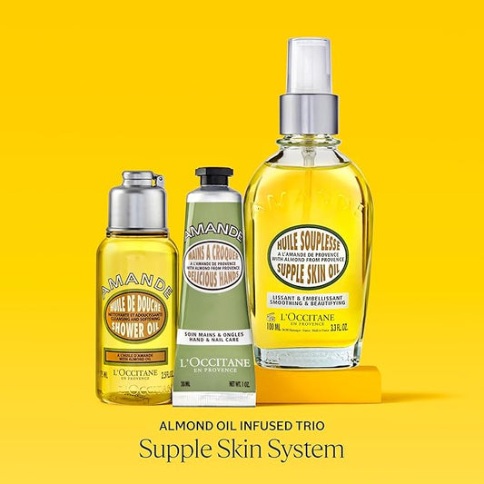L'OCCITANE Supple Skin System: Hydrate & Soften, Almond Oil Infused Trio Featuring Almond Supple Skin Oil, Almond Shower Oil, and Almond Delicious Hand & Nail Care Lotion, Bath and Body Gift Set
