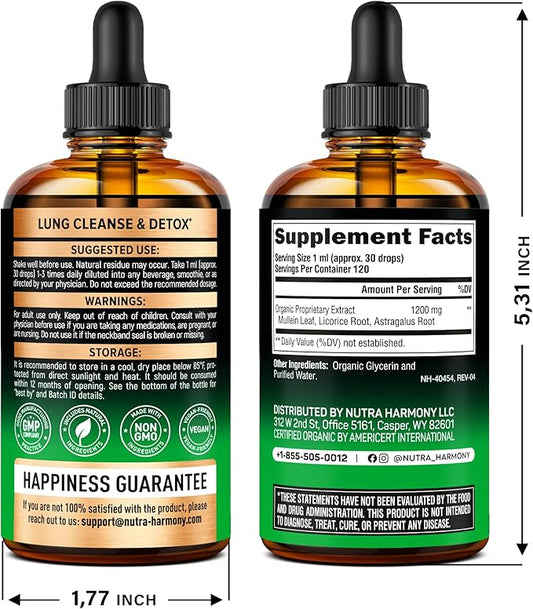 Mullein Drops for Lungs - USDA Organic Liquid - Mullein Leaf Extract Supplement - Made in USA - Lung & Bronchial Cleanse for Smokers - Respiratory Health Support - As Tincture, Tea, Pills - 4 fl oz