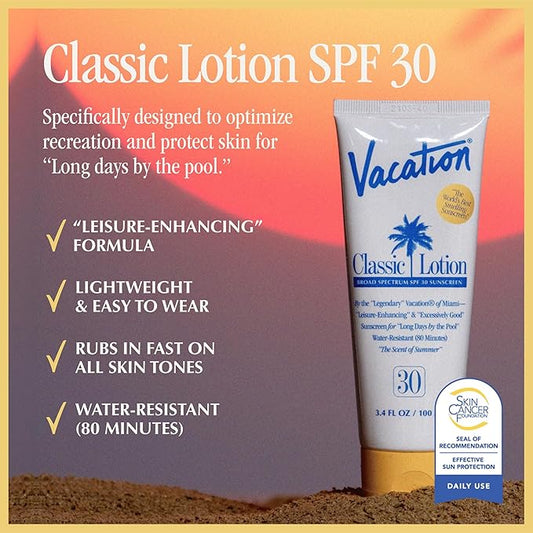 Vacation Classic Sunscreen Lotion SPF 30, Water-Resistant, Lightweight, Transparent on All Skin Tones, Dermatologist-Tested, Vegan, Travel Size, 3.4 Fl. Oz. (Value Pack of 3)