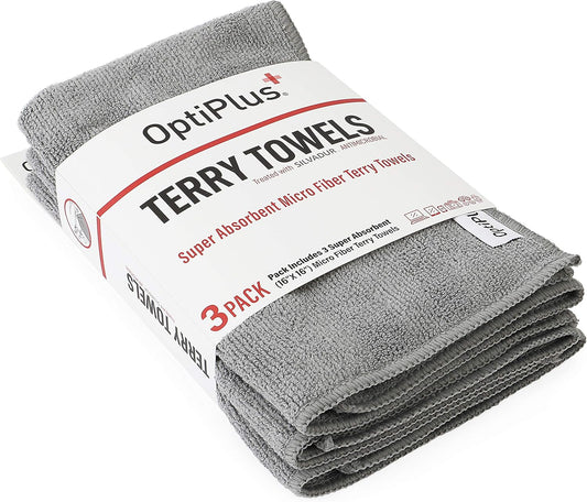OptiPlus 16oz All Natural Lens and Screen Cleaning Pack, Lens Wipes, Microfiber Cloth and 16 x 16 Microfiber Terry Towel 3 Pack (Grey)