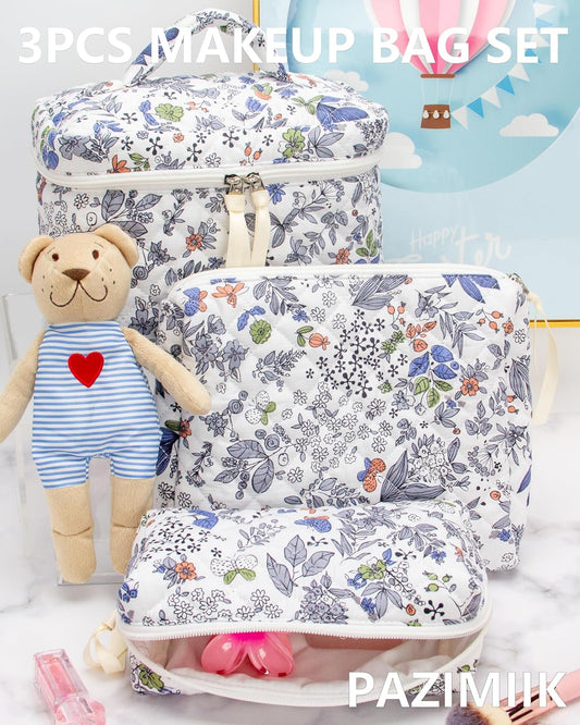 PAZIMIIK 3PCS Makeup Bag SET Large Travel Quilted Zipper Soft Cosmetic Case Pouch for Women Girls Make Up,Leaf White