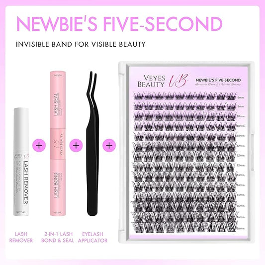VEYESBEAUTY Lash Clusters Kit Individual Eyelash Extensions Thin & Invisible Band DIY False Eyelashes Newbie's Five-Second Series Wispy Lash Tray, LuxeBold KIT with Bond&Seal Remover Applicator