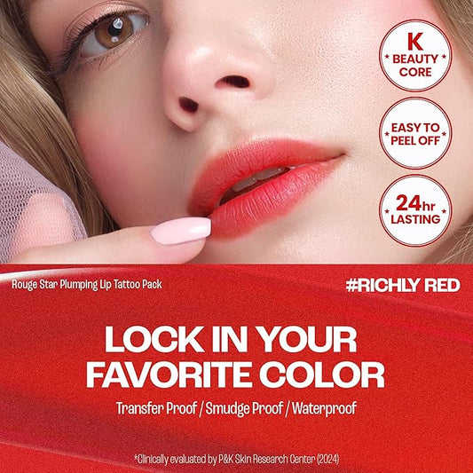 Rouge Star Plumping Lip Tattoo (0.17 oz) - 72-HR Long Lasting Waterproof Peel Off Lip Stain - Transfer-Proof, Non -Sticky Hydrating Matte Lip Tint Tattoo (Richly Red)