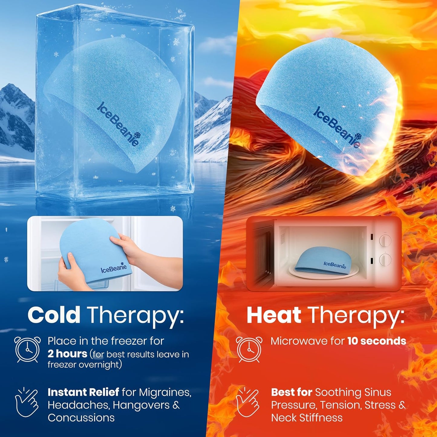 IceBeanie Migraine Relief Cap, As Seen on Shark Tank, Soft & Stretchy Gel Tension Headache Relief Cap, Extended Cooling Hangover Ice Hat, Odorless Head Wrap Ice Pack Wrap, Headache Migraine Mask