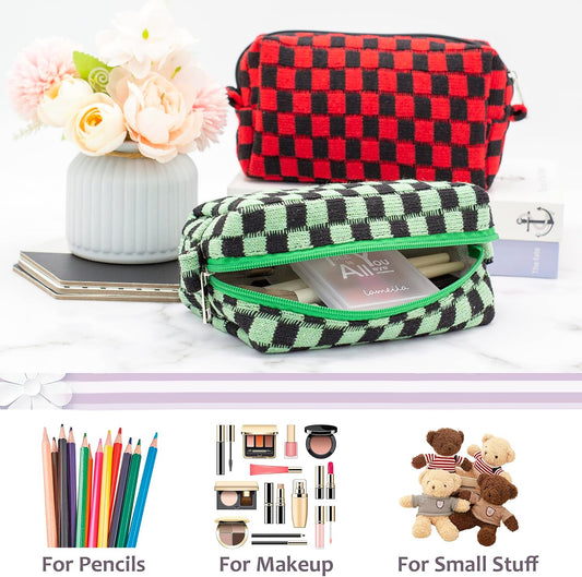PAZIMIIK Checkered Makeup Bag for Purse Portable Zipper Make Up Pouch Small Cosmetic Case for Travel Accessories (Green Black)