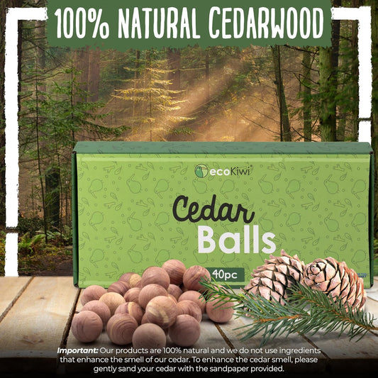 ecoKiwi Cedar Balls for Clothes Storage 40 Pack - 100% Natural Red Cedar Blocks for Clothes Storage - Aromatic Cedar Chips for Closets & Drawers - Cedarwood Oil Planks with Sandpaper & 3 Cotton Bags