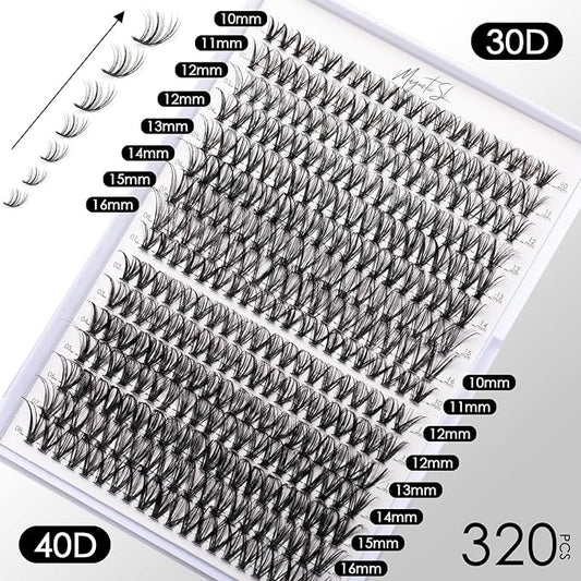 Lash Clusters DIY Lash Extensions Kit 320pcs Individual Lashes Clusters 30D 40D D Curl Eyelash Extension Kit with Applicator and Lash Bond&Seal,Clusters Lash Glue Remover Mix 10-16mm (30D+40D-320 KIT)