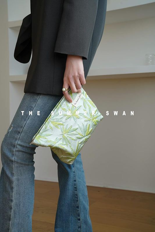 The Summer Swan | Large Aesthetic Makeup Bag | Floral Makeup Bag | Mid-day Clutch | Period Kit Bag | Hygiene Bag | Skincare Bag | Cute Makeup Bag (Summer Maple)