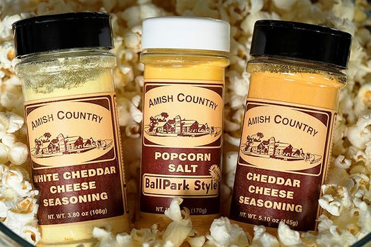 Amish Country Popcorn | BallPark Style Buttersalt - 5.5 oz, Cheddar Cheese - 4.7 oz & White Cheddar Cheese - 3.8 oz Popcorn Seasoning | Old Fashioned, Non-GMO and Gluten Free