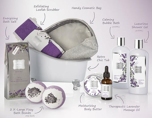 Bath Gift Basket Set for Women: Relaxing at Home Spa Kit Scented - Lavender and Jasmine with Large Bath Bombs, Salts, Shower Gel, Body Butter Lotion, Bath Oil, Bubble Bath, Loofah & More