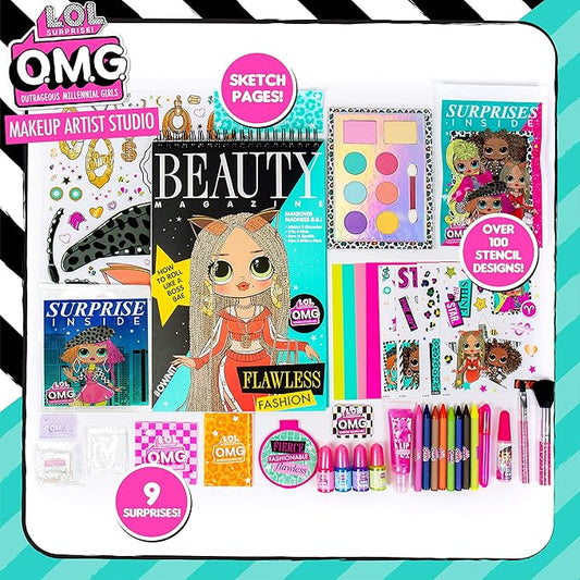 Horizon Group USA LOL OMG Make Up Artist Studio, DIY Craft Kit, Design with Brushes, Crayons & Stickers.Use Stencils to Color in Make-Up.Nail Polish, Decals & Surprise Blind Bags Included