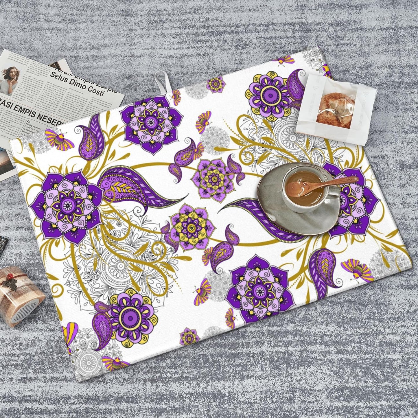 Purple Flower Kitchen Drying Mat Boho Floral Microfiber Dish Drainer Mat for Kitchen Counter Absorbent Reusable Washable 18x24 Inch Home Holiday Decor