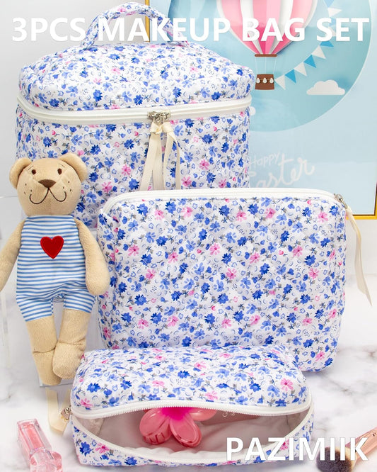 PAZIMIIK 3PCS Makeup Bag SET Large Travel Quilted Zipper Soft Cosmetic Case Pouch for Women Girls Make Up,Floral Blue