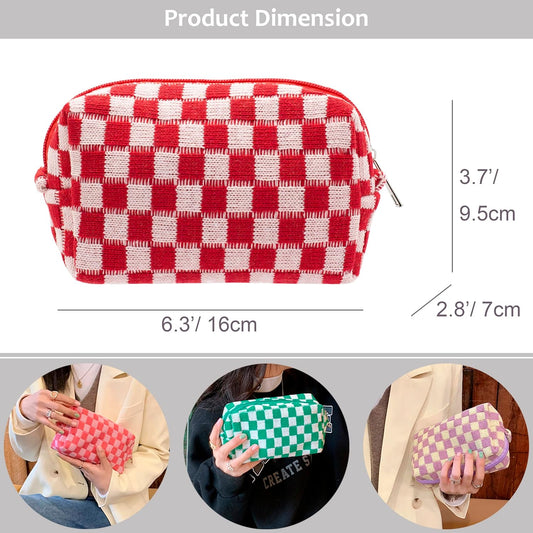 PAZIMIIK Checkered Makeup Bag for Purse Portable Zipper Make Up Pouch Small Cosmetic Case for Travel Accessories (2PCS Red)