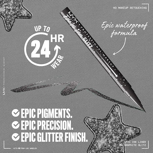 NYX PROFESSIONAL MAKEUP Epic Ink Glitz Liner, Waterproof Metallic Liquid Eyeliner with Vegan Formula - Graphite Glitz (Shimmer Graphite Black)