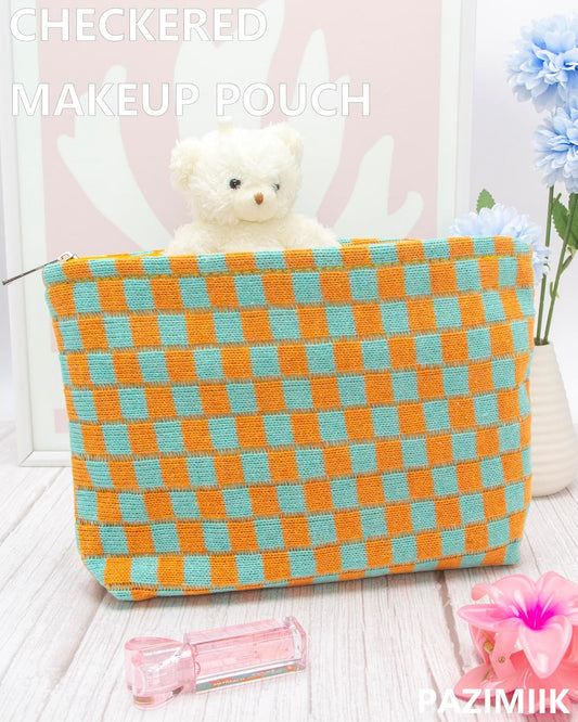 PAZIMIIK Knitted Checkered Makeup Bag Large Zipper Make Up Accessory Pouch for Purse Cosmetic Brush Bag for Travel Essential Orange Green