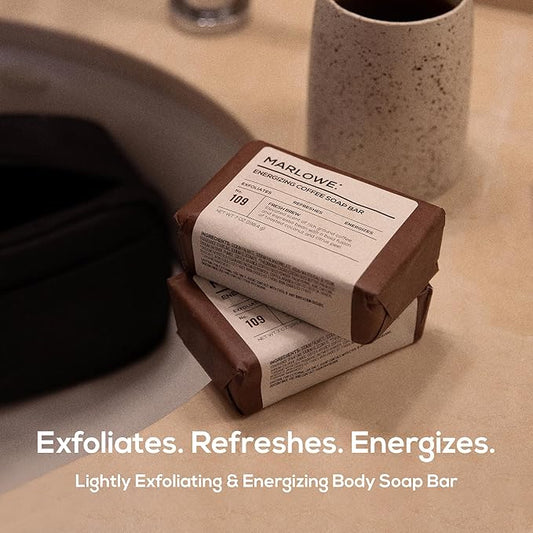 MARLOWE. No. 109 Coffee Bar Soap 7 oz (6 Bars) – Exfoliating Body Scrub for Men with Natural Extracts, Caffeine, Coffee Bean & Cocoa Butter – Energizing Fresh Brewed Scent