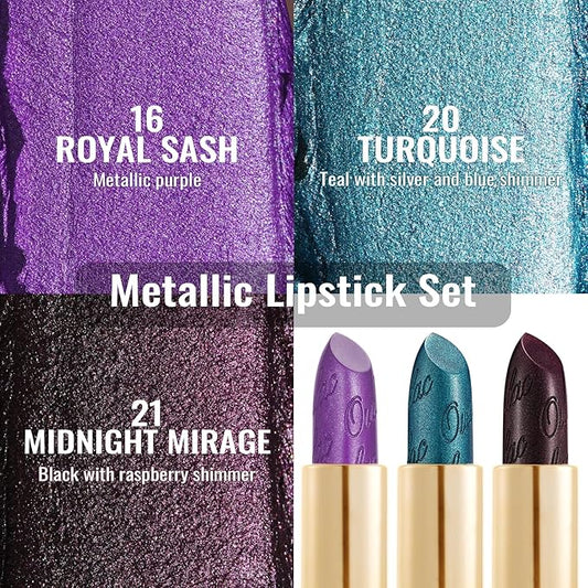 Oulac Metallic Lipstick Set 3PCS High Impact Lipcolor with Moisturizing Formula, Vegan Beauty, Full-Coverage Lip Color, Gift Lipstick for Women, 4.3g X 3PCS, 16+20+21